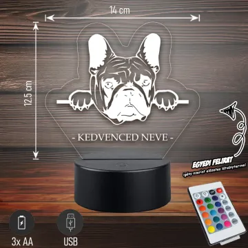 Francia bulldog - 3D LED LÁMPA - Egyedi felirattal